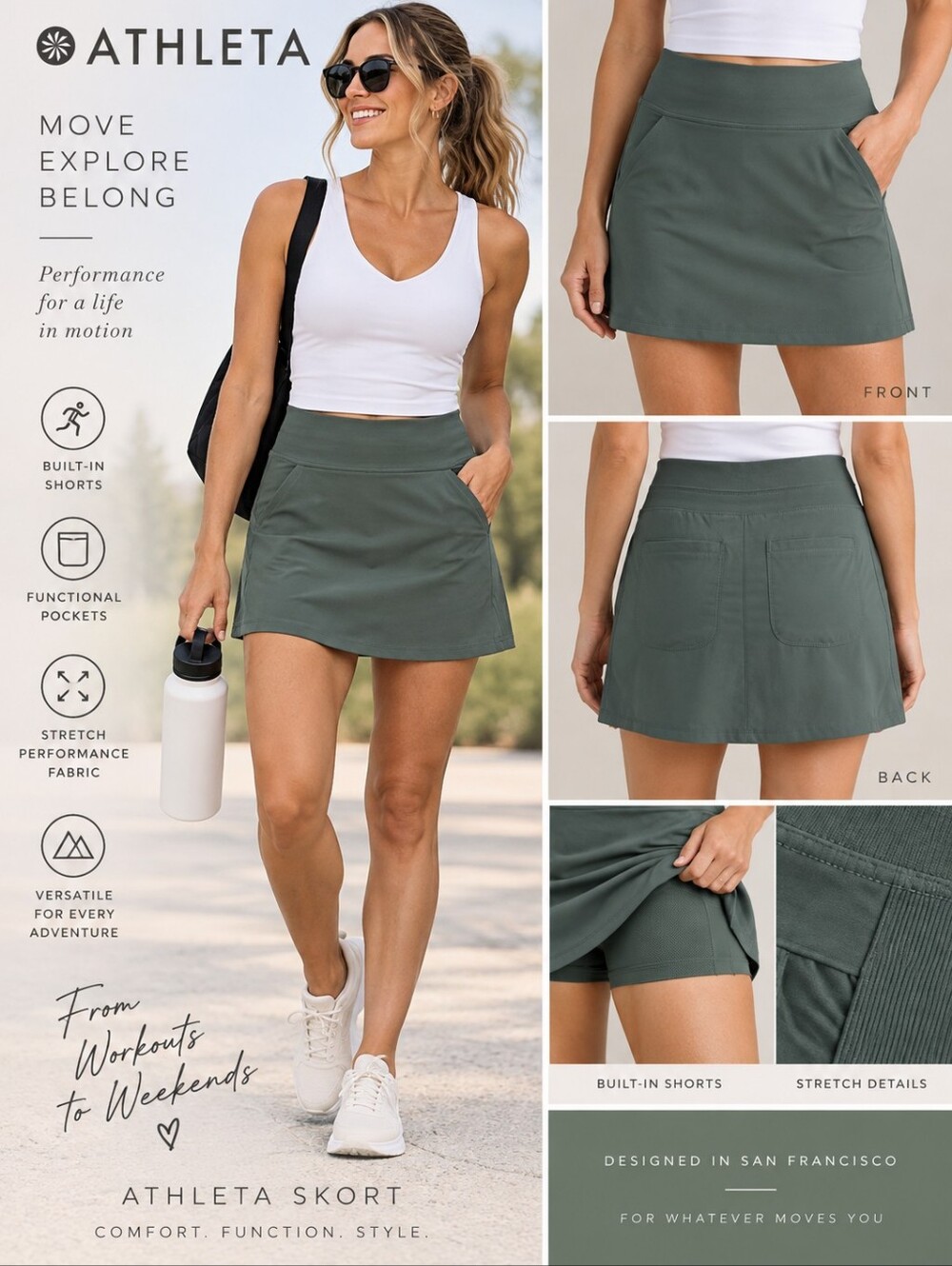 Athleta Skort Size 10 Dark Sage Green Built In Shorts Stretch Pockets